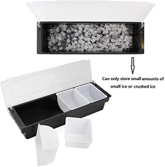 Condiment holder showing ice storage compartment filled with crushed ice and separate compartments with removable white containers and clear lids