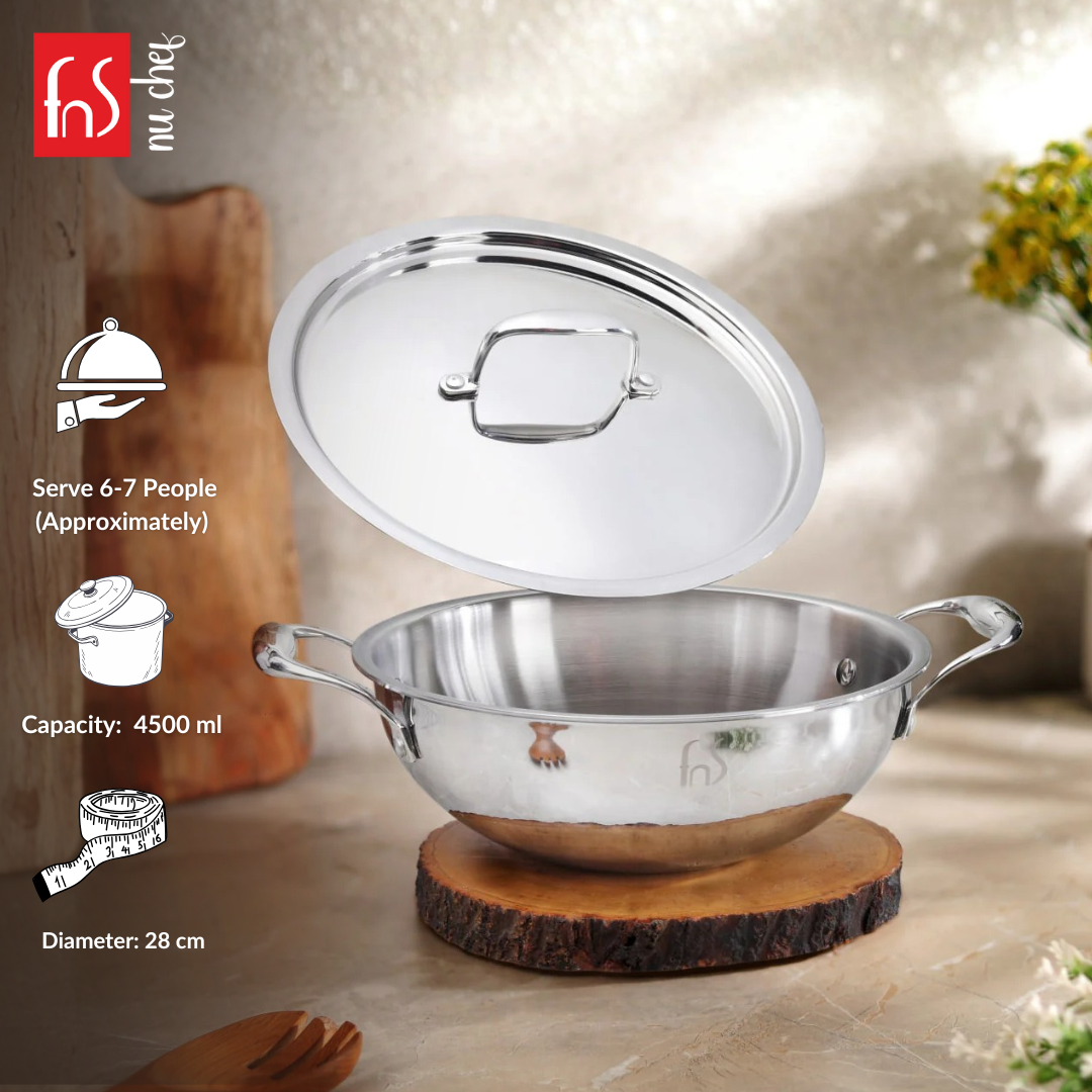 FnS NuChef Cookware Triply Kadai 28 CM With Stay-Cool Handles | Even Heat Distribution, Durable & Rust-Free Cookware