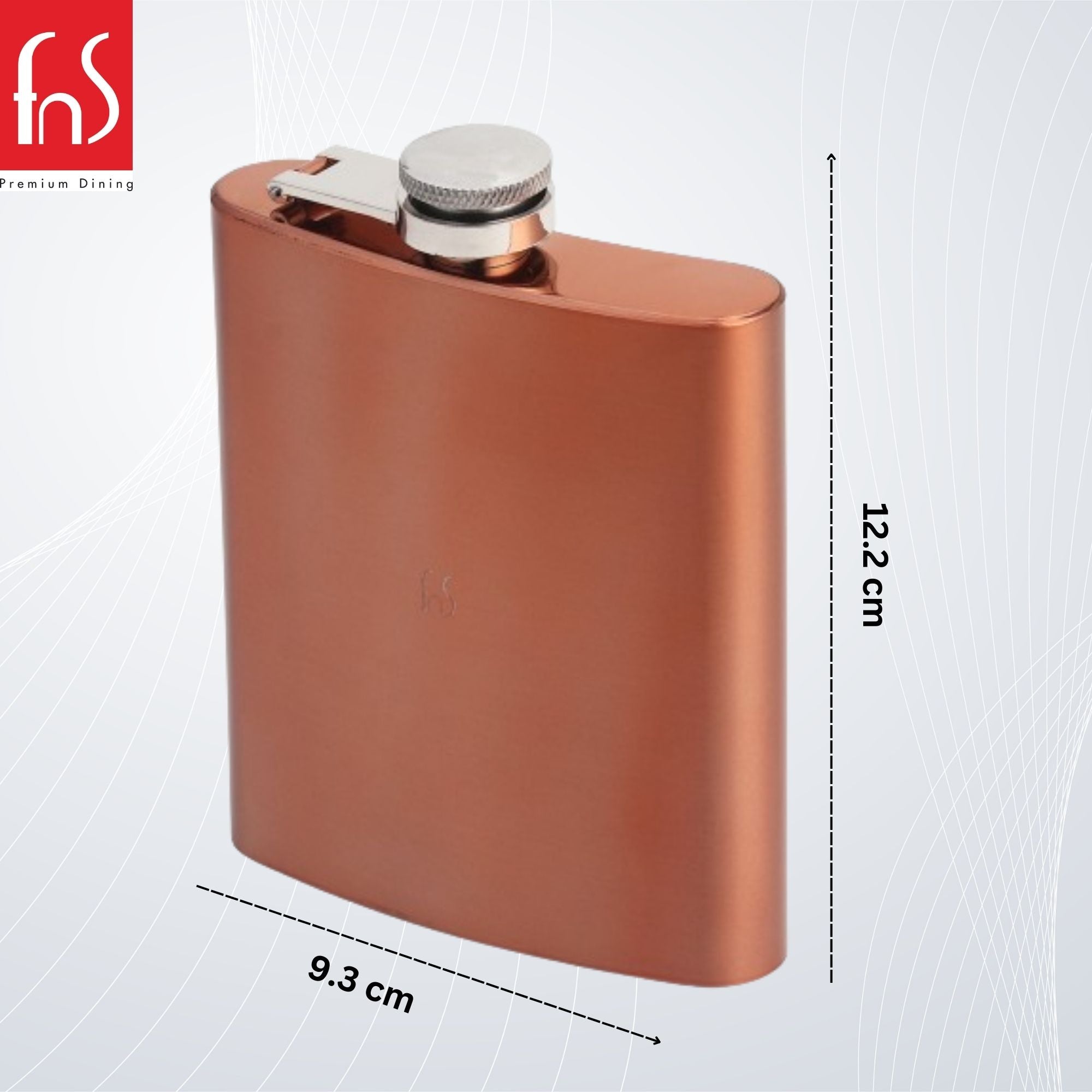 Copper finish hip flask with dimension measurements showing 12.2 cm height and 9.3 cm width on light background