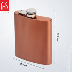 Copper finish hip flask with dimension measurements showing 12.2 cm height and 9.3 cm width on light background