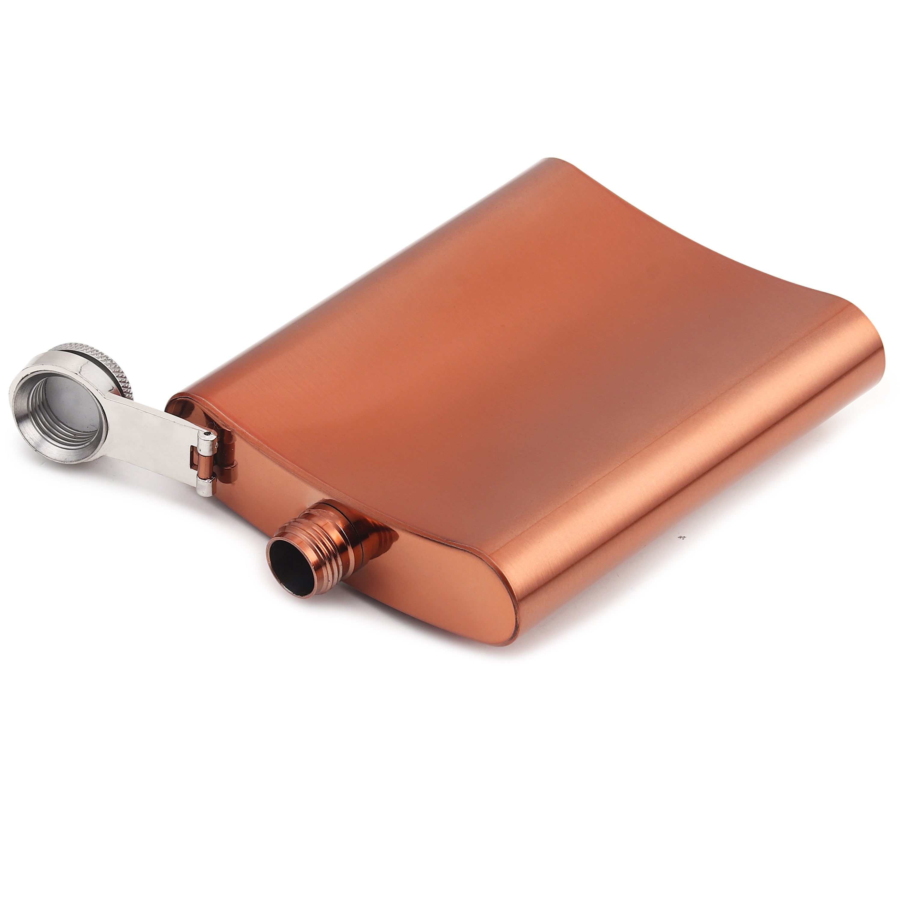 Copper finish hip flask with hinged chrome cap in open position showing curved ergonomic pocket design