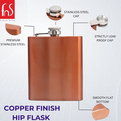 Copper hip flask infographic showing premium stainless steel construction, leak-proof screw cap with hinged attachment, smooth flat bottom features