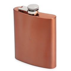 Copper stainless steel hip flask with polished chrome screw cap and hinged mechanism side angle view on white background