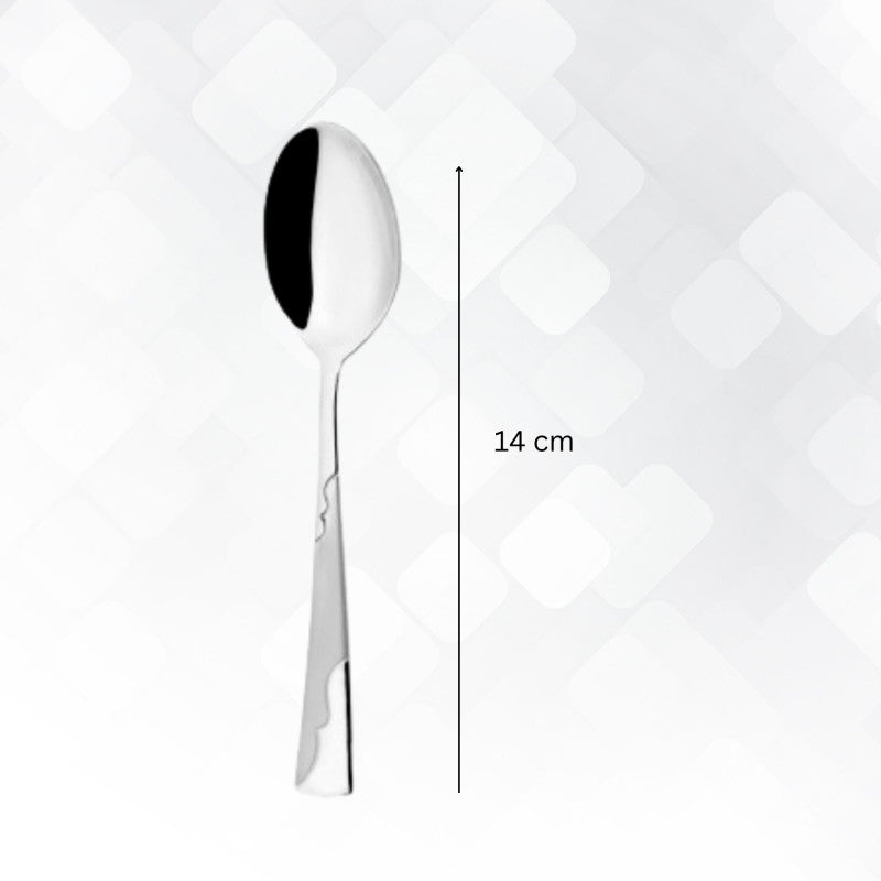 Single Creta baby spoon with measurement showing 14 cm length, featuring mirror finish bowl and decorative embossed handle design