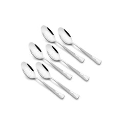 Six Creta stainless steel baby spoons with mirror finish and decorative handles arranged in two rows on white background