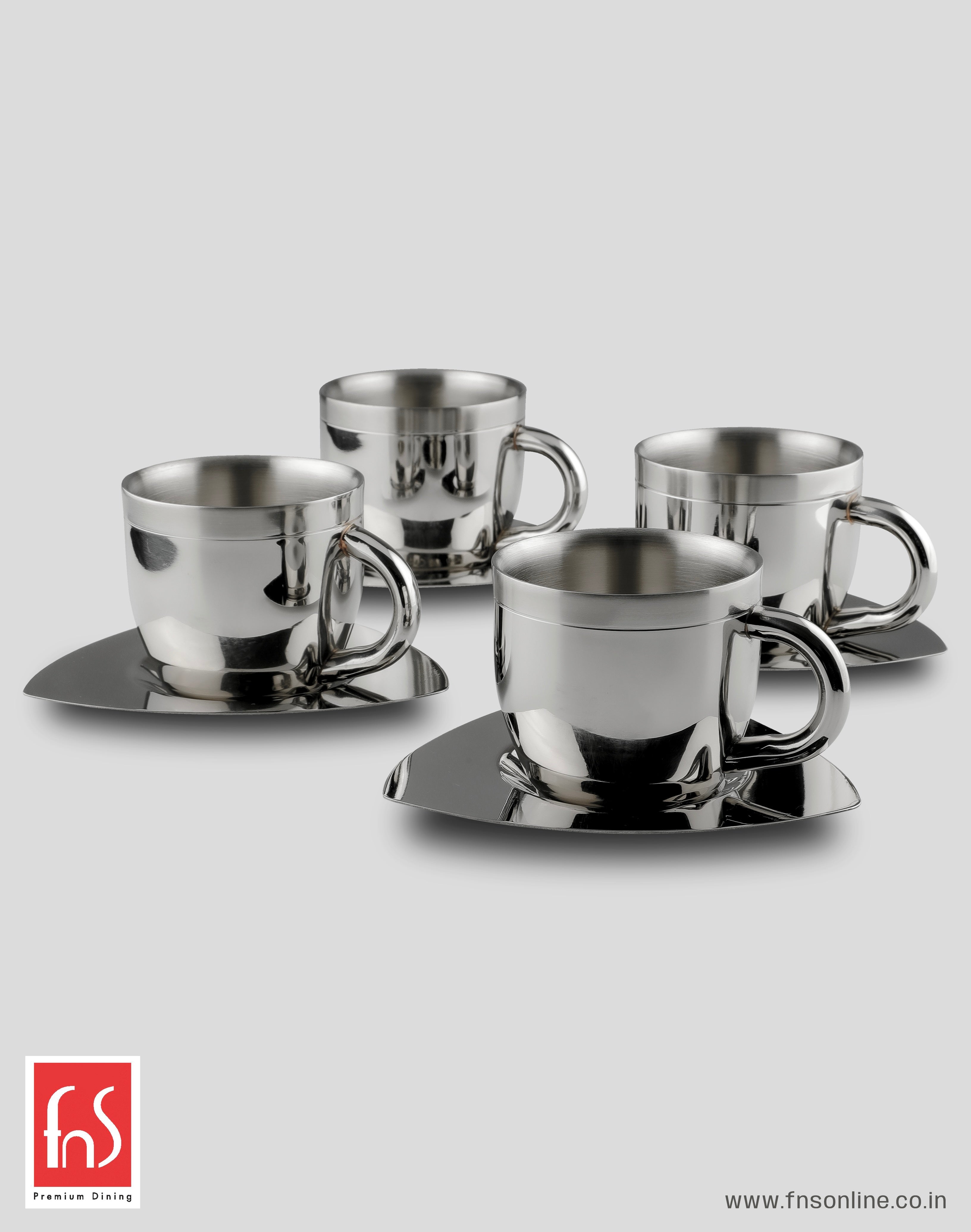 FnS Tea Cup and Saucer Set of 4 Stainless Steel for Gift and Home Decor Double Walled Cup | Unbreakable Cups for Tea and Coffee (Gold, 4 Cups and 4 Saucer)