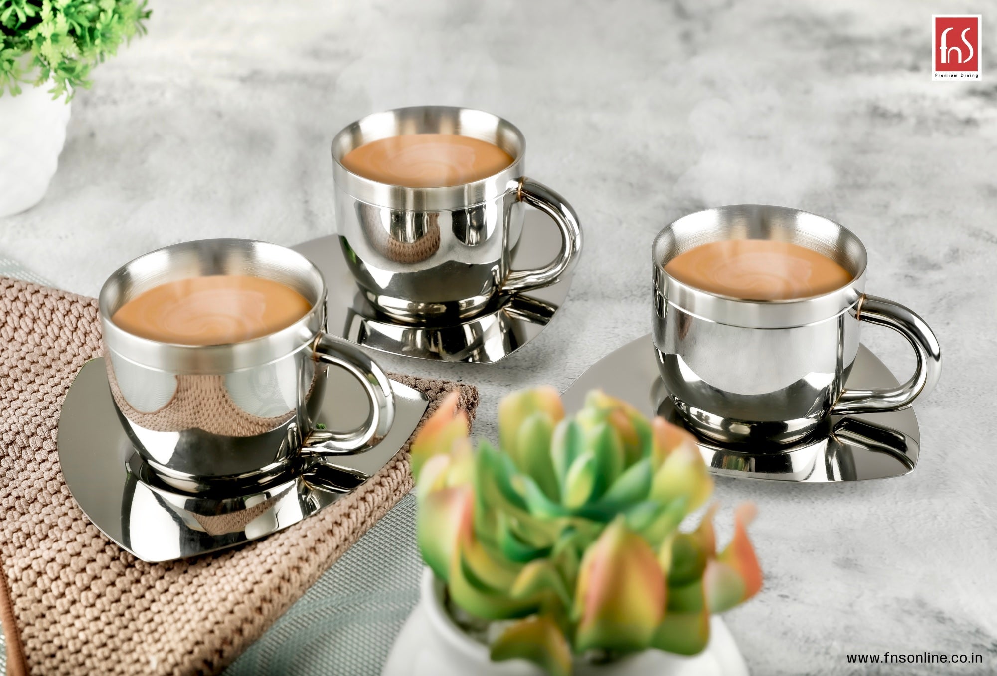 FnS Tea Cup and Saucer Set of 4 Stainless Steel for Gift and Home Decor Double Walled Cup | Unbreakable Cups for Tea and Coffee (Gold, 4 Cups and 4 Saucer)