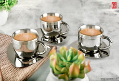 FnS Tea Cup and Saucer Set of 4 Stainless Steel for Gift and Home Decor Double Walled Cup | Unbreakable Cups for Tea and Coffee (Gold, 4 Cups and 4 Saucer)