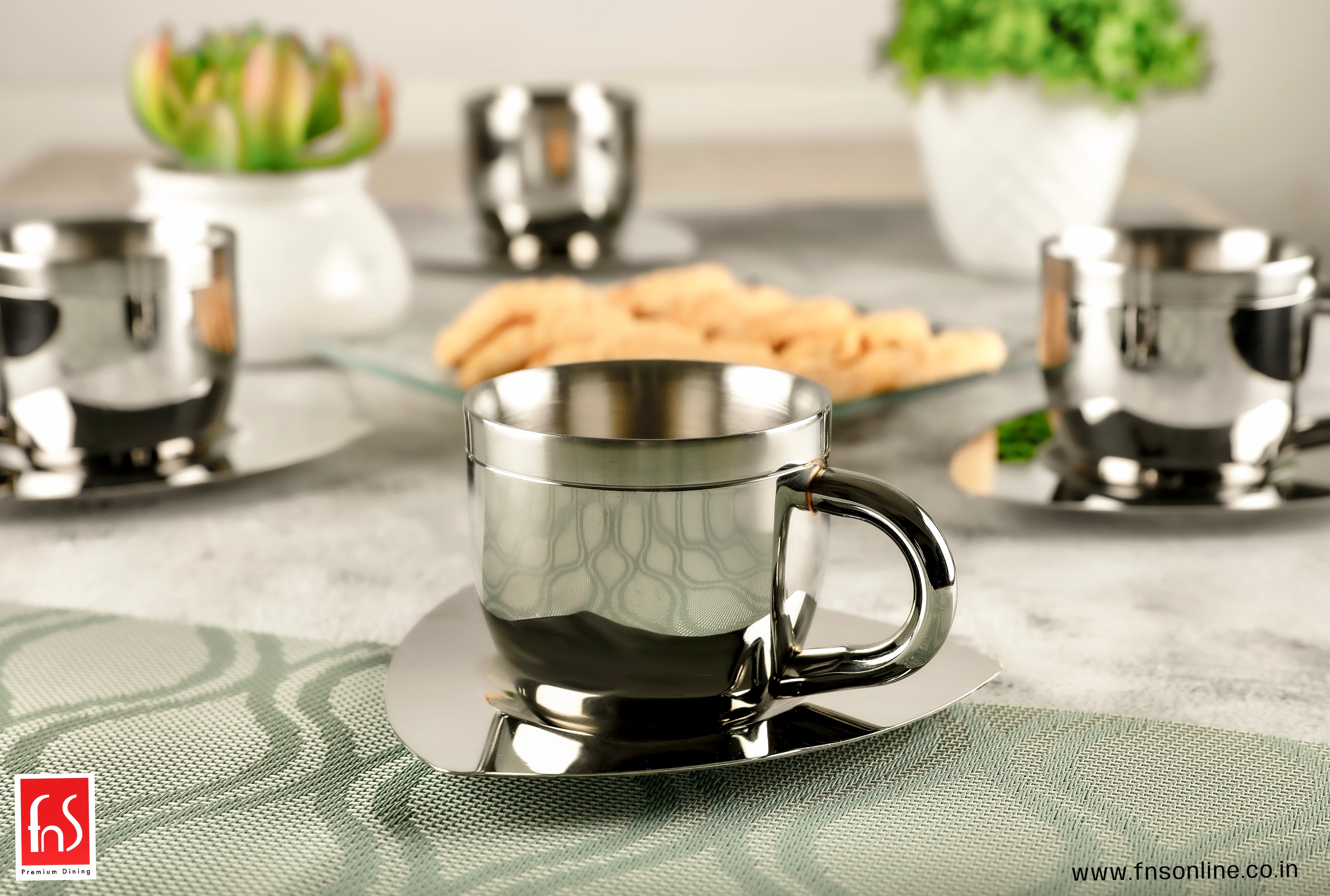 FnS Tea Cup and Saucer Set of 4 Stainless Steel for Gift and Home Decor Double Walled Cup | Unbreakable Cups for Tea and Coffee (Gold, 4 Cups and 4 Saucer)