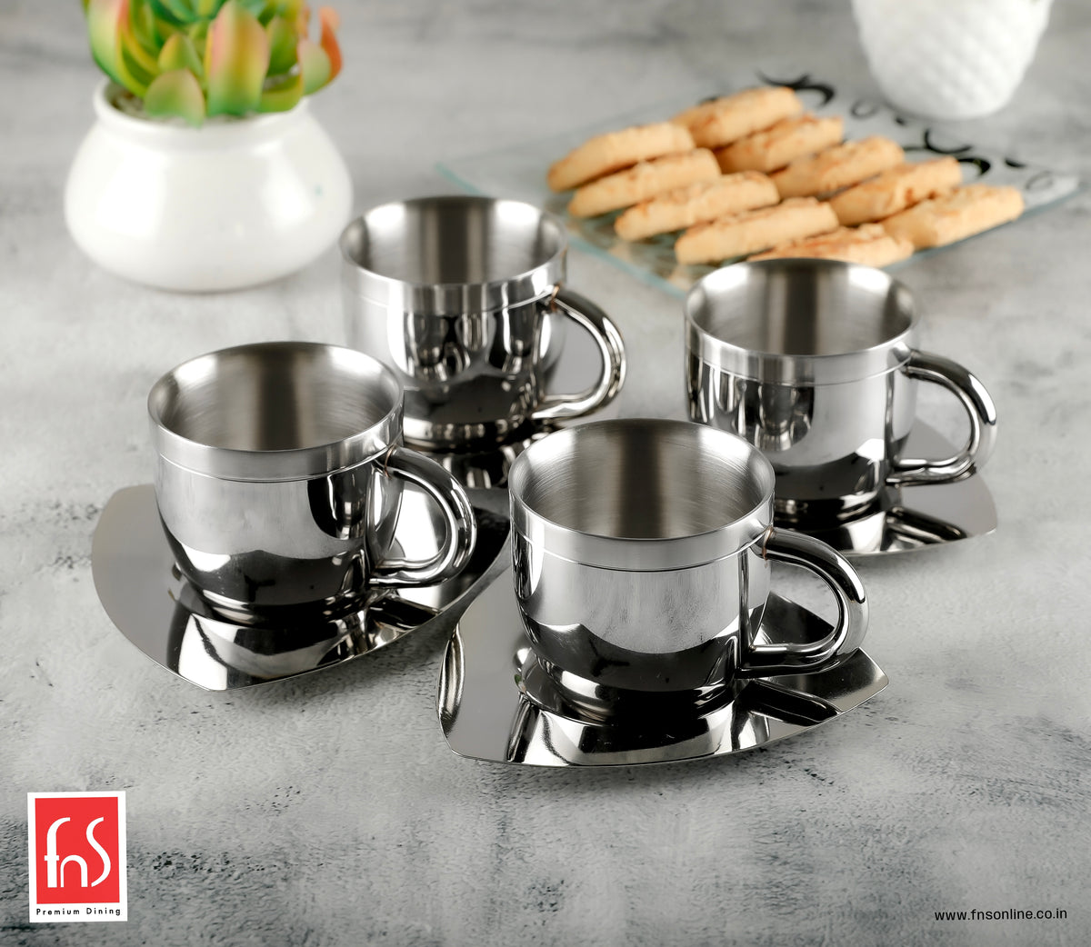 FnS Tea Cup and Saucer Set of 4 Stainless Steel for Gift and Home Decor Double Walled Cup | Unbreakable Cups for Tea and Coffee (Gold, 4 Cups and 4 Saucer)