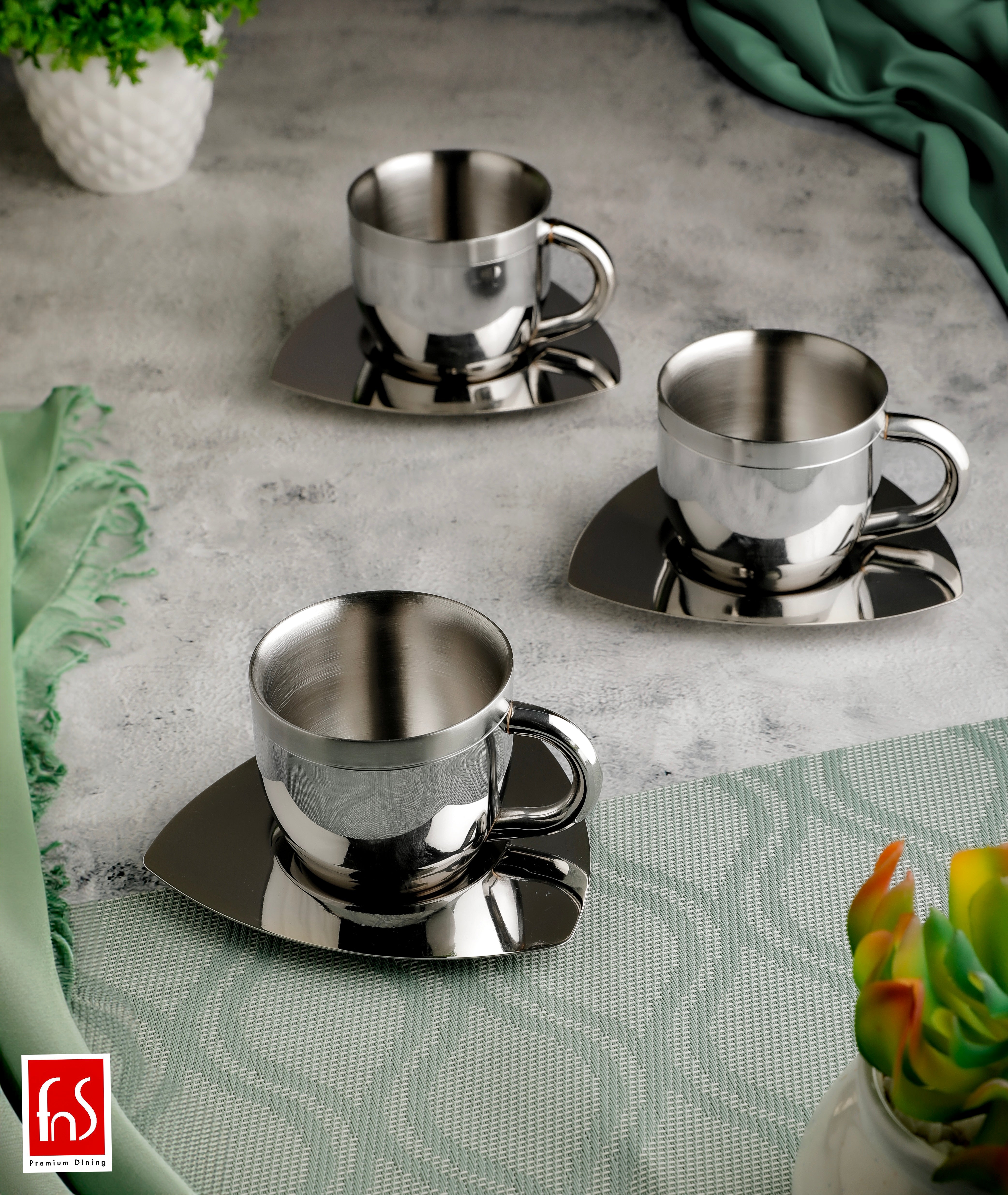 FnS Tea Cup and Saucer Set of 4 Stainless Steel for Gift and Home Decor Double Walled Cup | Unbreakable Cups for Tea and Coffee (Gold, 4 Cups and 4 Saucer)