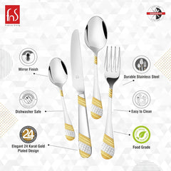 24K gold-plated cutlery set with mirror finish, durable stainless steel, food-grade safety, and elegant design.