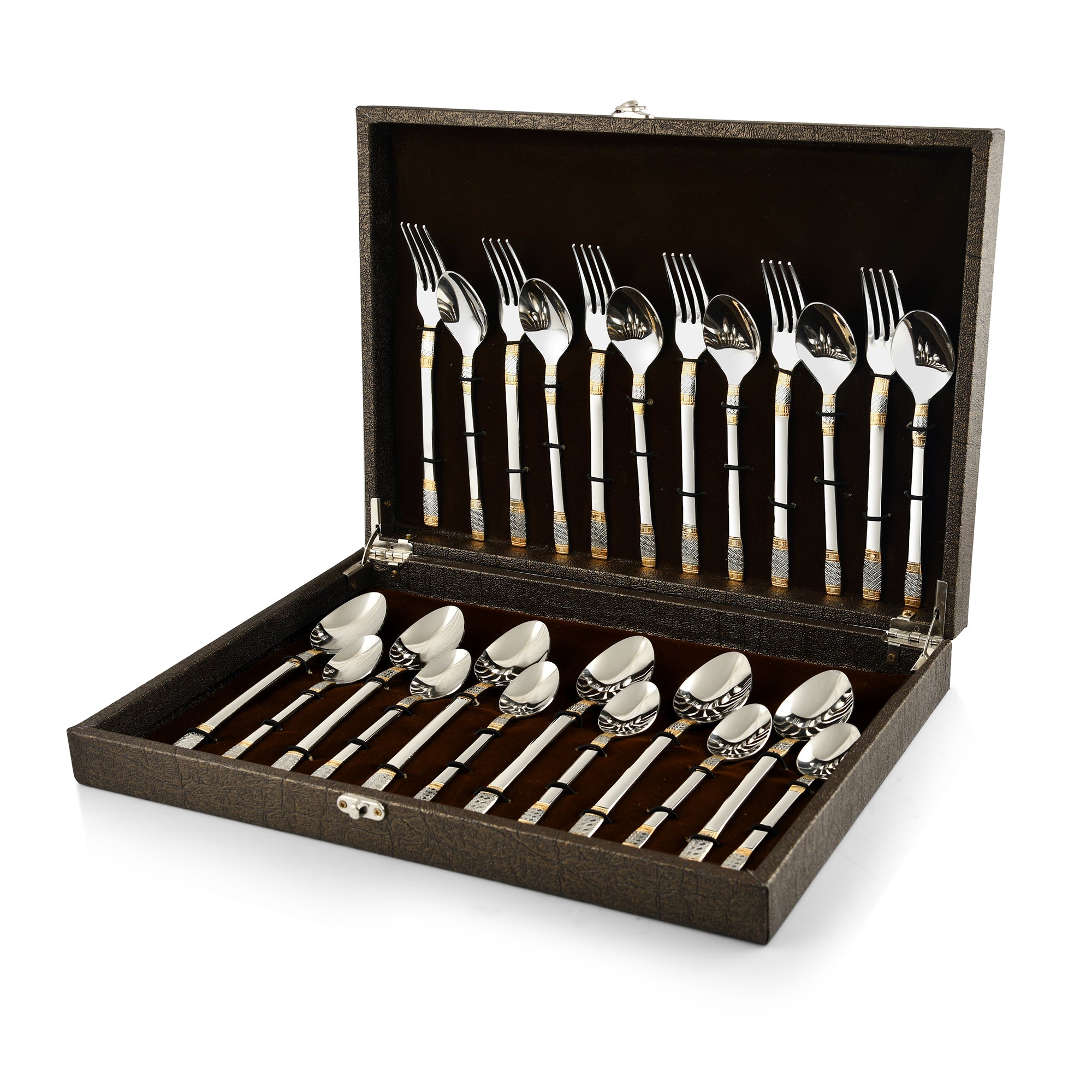 Luxurious cutlery set with gold-silver detailing displayed in a brown velvet-lined presentation case.