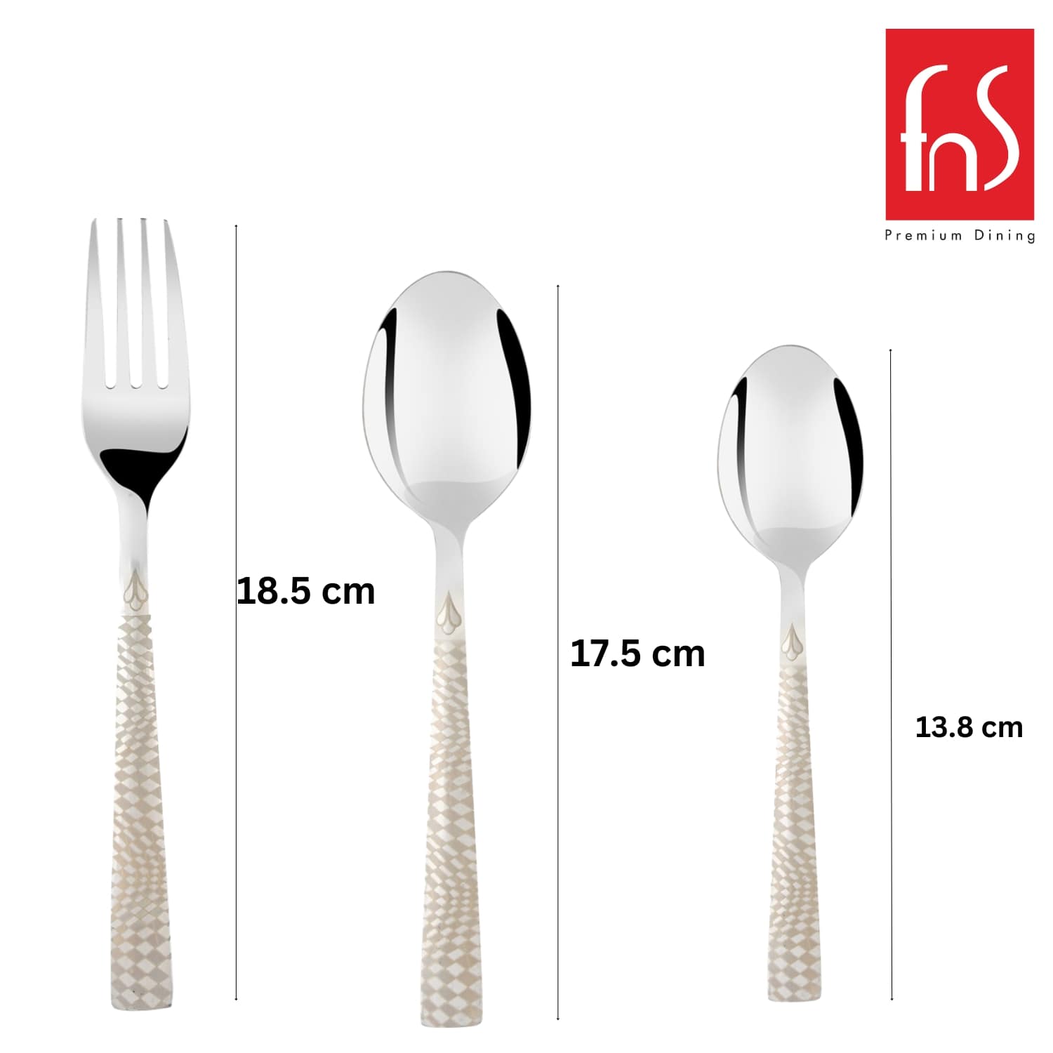 Three cutlery pieces shown with labeled dimensions: dinner fork, dinner spoon, and smaller dessert spoon.