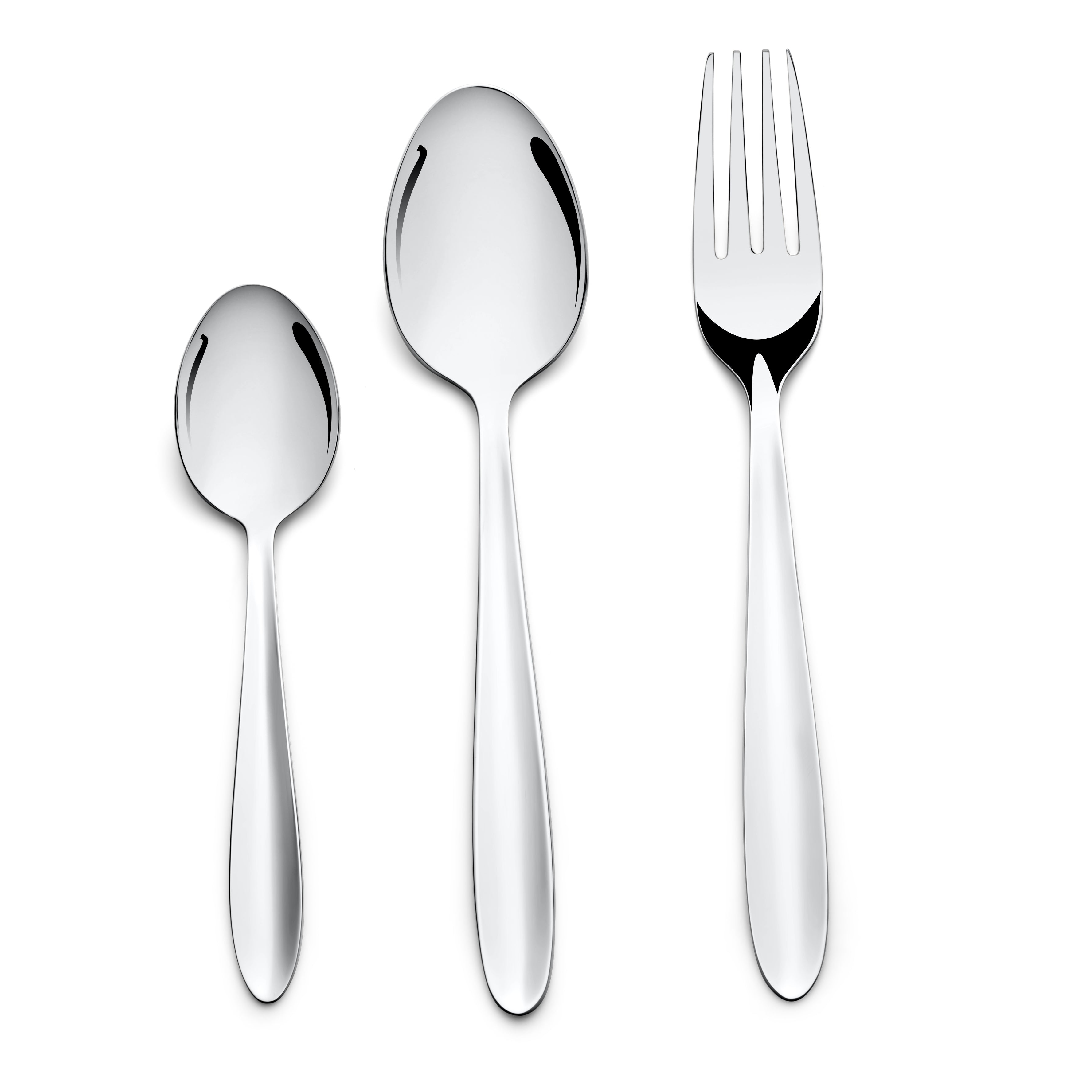 Close-up of teaspoon, tablespoon, and fork standing vertically in row on solid white background.