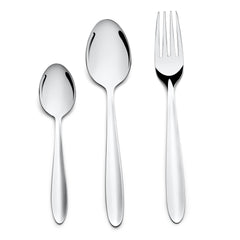 Close-up of teaspoon, tablespoon, and fork standing vertically in row on solid white background.