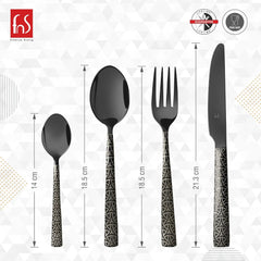 Four black cutlery pieces with geometric handles and labeled dimensions: 14cm, 18.5cm, 18.5cm, 21.3cm.