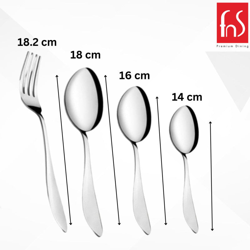 Cutlery dimensions shown: fork 18.2 cm, dessert spoon 18 cm, dessert spoon 16 cm, baby spoon 14 cm.