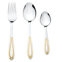 Elegant fork, soup spoon, and teaspoon aligned vertically, each with dual gold inlay detailing on handles.