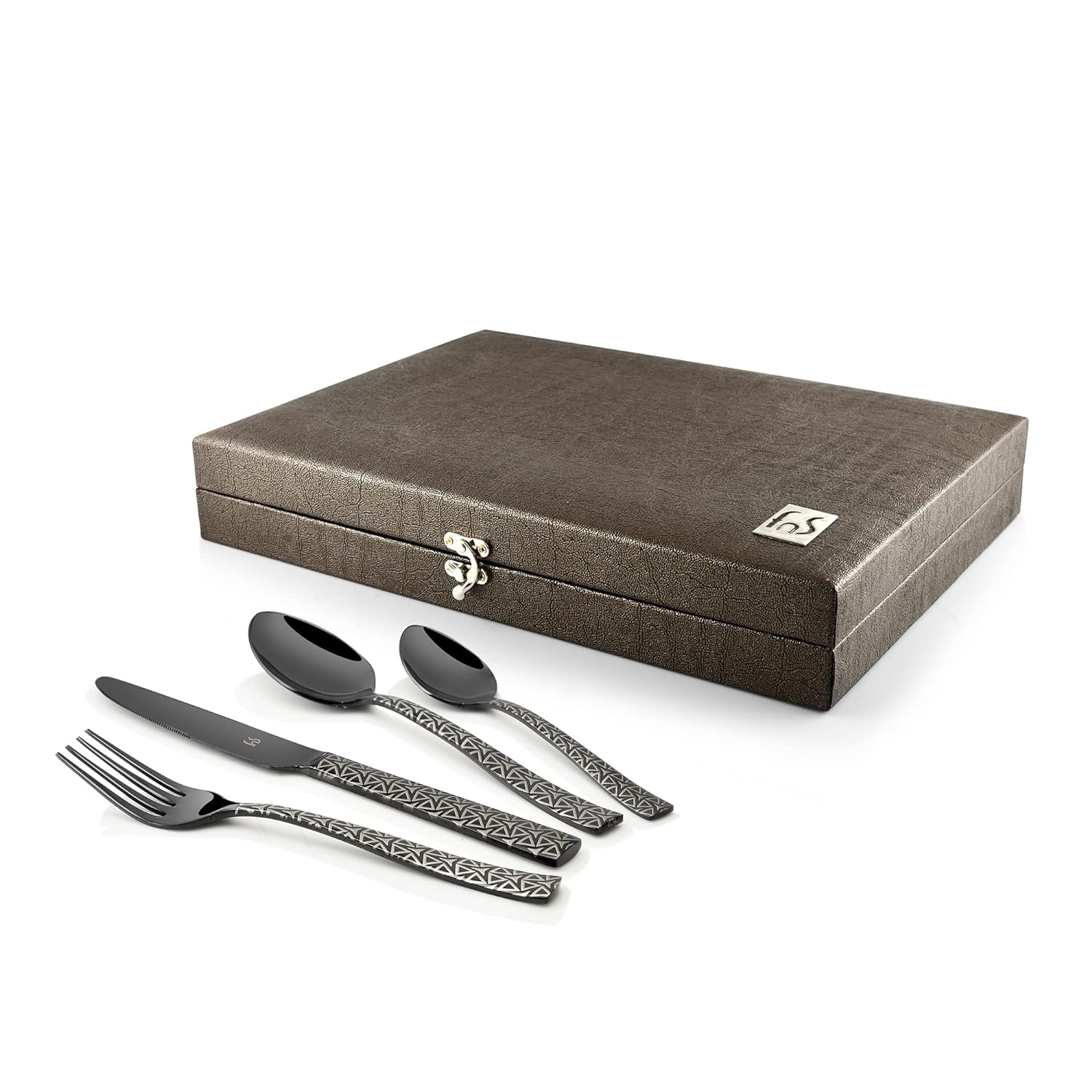 Patterned black cutlery set displayed beside a textured brown storage box with latch and metallic logo.