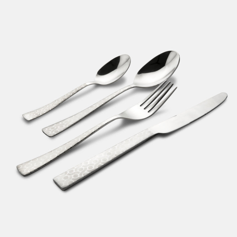 Spoon, fork, knife, and teaspoon with pebble-patterned handles displayed on a white background.