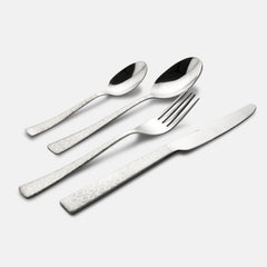 Spoon, fork, knife, and teaspoon with pebble-patterned handles displayed on a white background.