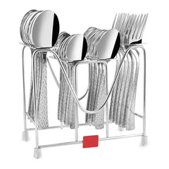 Organized cutlery with textured handles neatly stored in metal holder, isolated on white background.