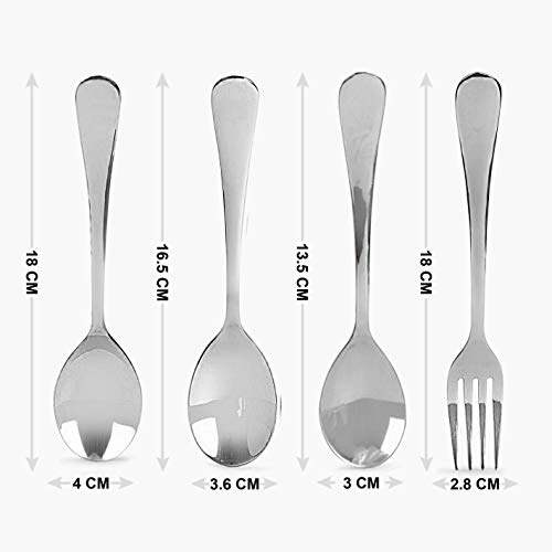 Four-piece cutlery set with measurements for fork and three spoon sizes labeled in centimeters.