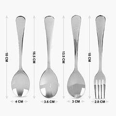 Four-piece cutlery set with measurements for fork and three spoon sizes labeled in centimeters.