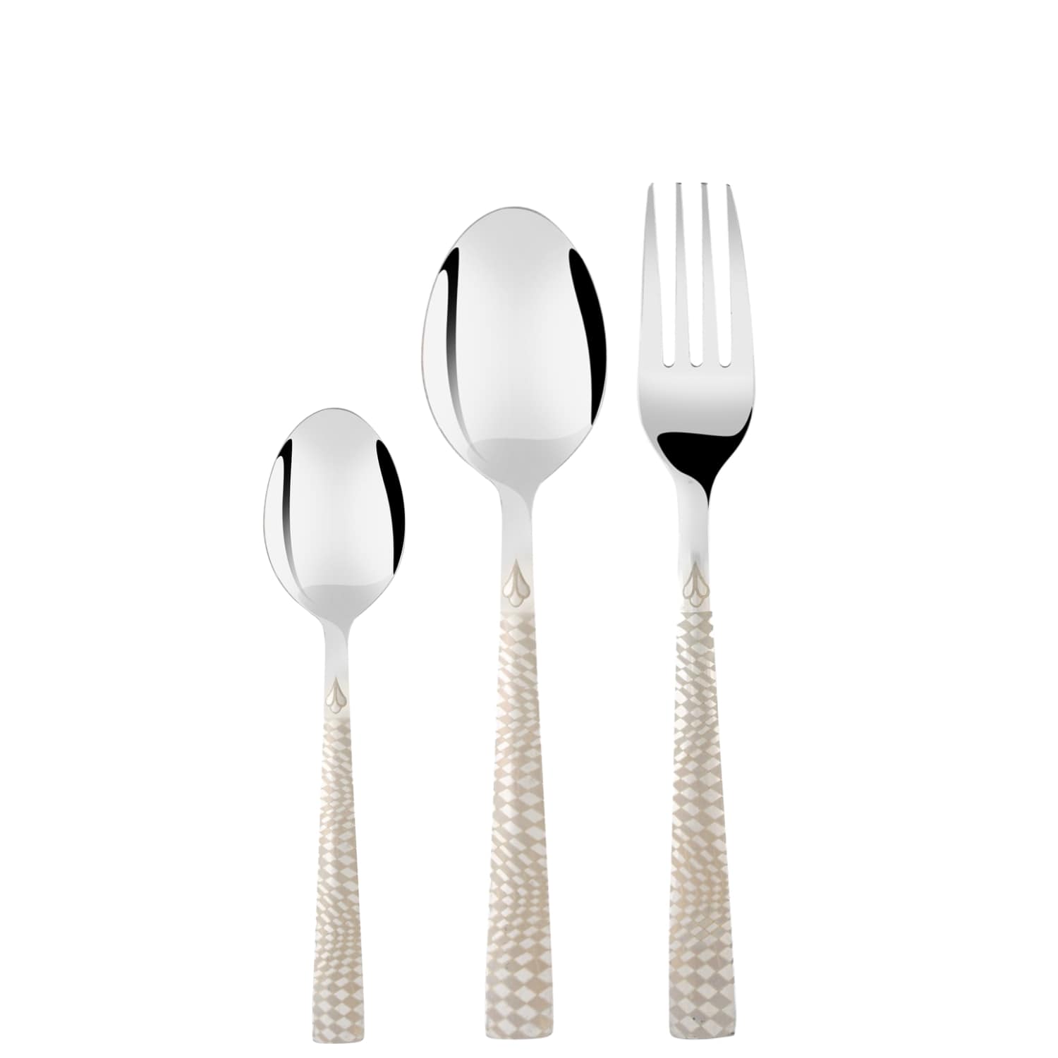 Sleek spoon, teaspoon, and fork with embossed handles displayed vertically against a pure white background.