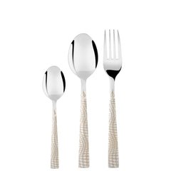 Sleek spoon, teaspoon, and fork with embossed handles displayed vertically against a pure white background.