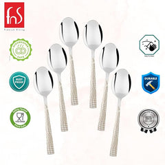 Dessert spoon set 6-piece infographic showing dishwasher safe, rust proof, easy to clean, durable, food safe, and stainless steel features