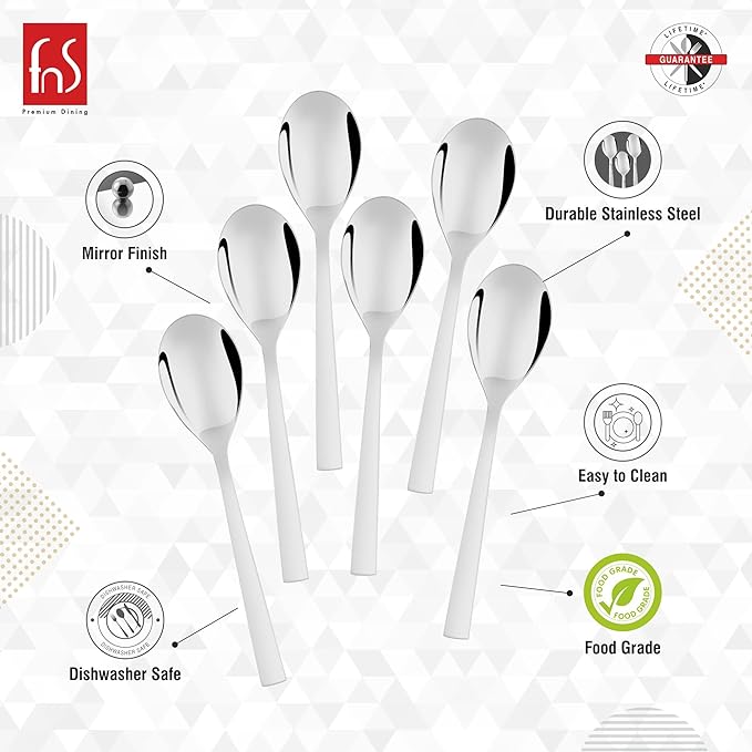 Dessert spoon set 6-piece infographic highlighting mirror finish, durable stainless steel, easy to clean, dishwasher safe, and food grade features