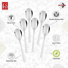 Dessert spoon set 6-piece infographic highlighting mirror finish, durable stainless steel, easy to clean, dishwasher safe, and food grade features