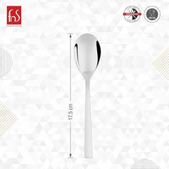 Dessert spoon size measurement chart showing 17.5cm length with quality guarantee and food safe certification badges