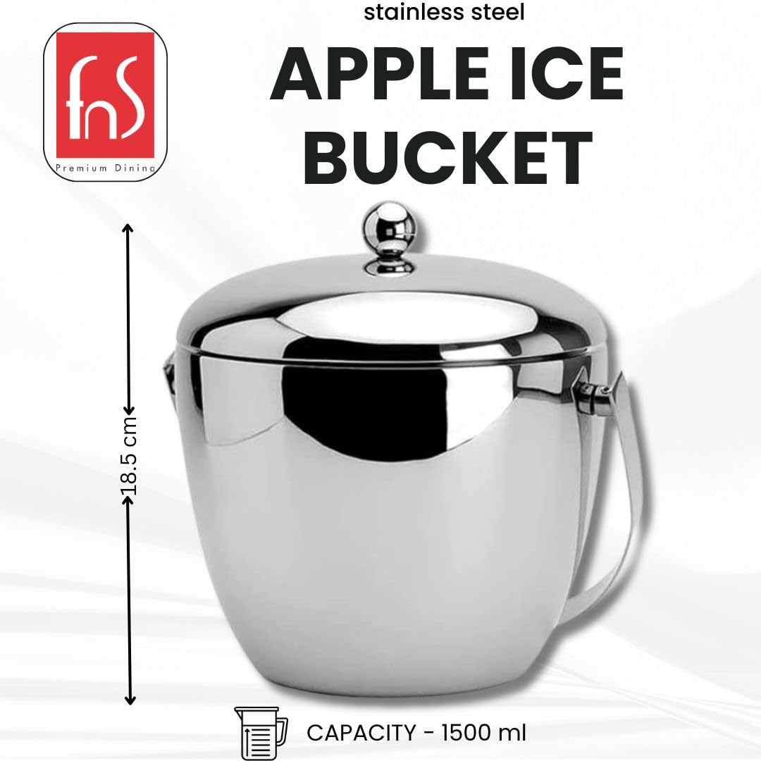 FnS Apple 1.5L double-walled stainless steel ice bucket with lid, handle and 18.5 cm height measurement is displayed.
