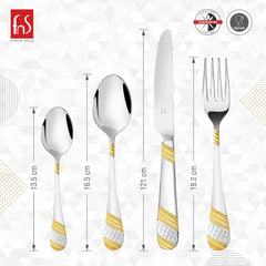 Measurement graphic displaying gold-accented spoon, knife, and fork with labeled lengths in centimeters.