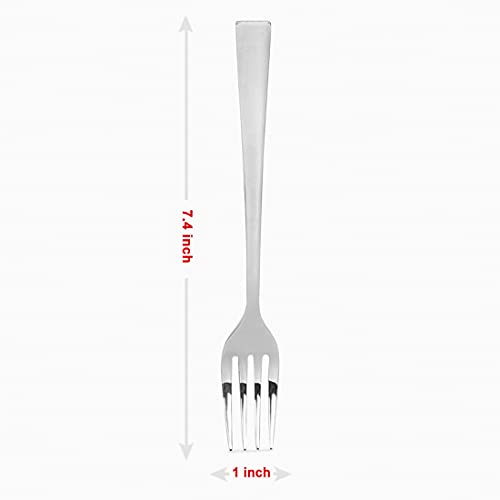 Single stainless steel fork with measurements showing 7.4 inch length and 1 inch widthRetry