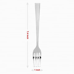 Single stainless steel fork with measurements showing 7.4 inch length and 1 inch widthRetry