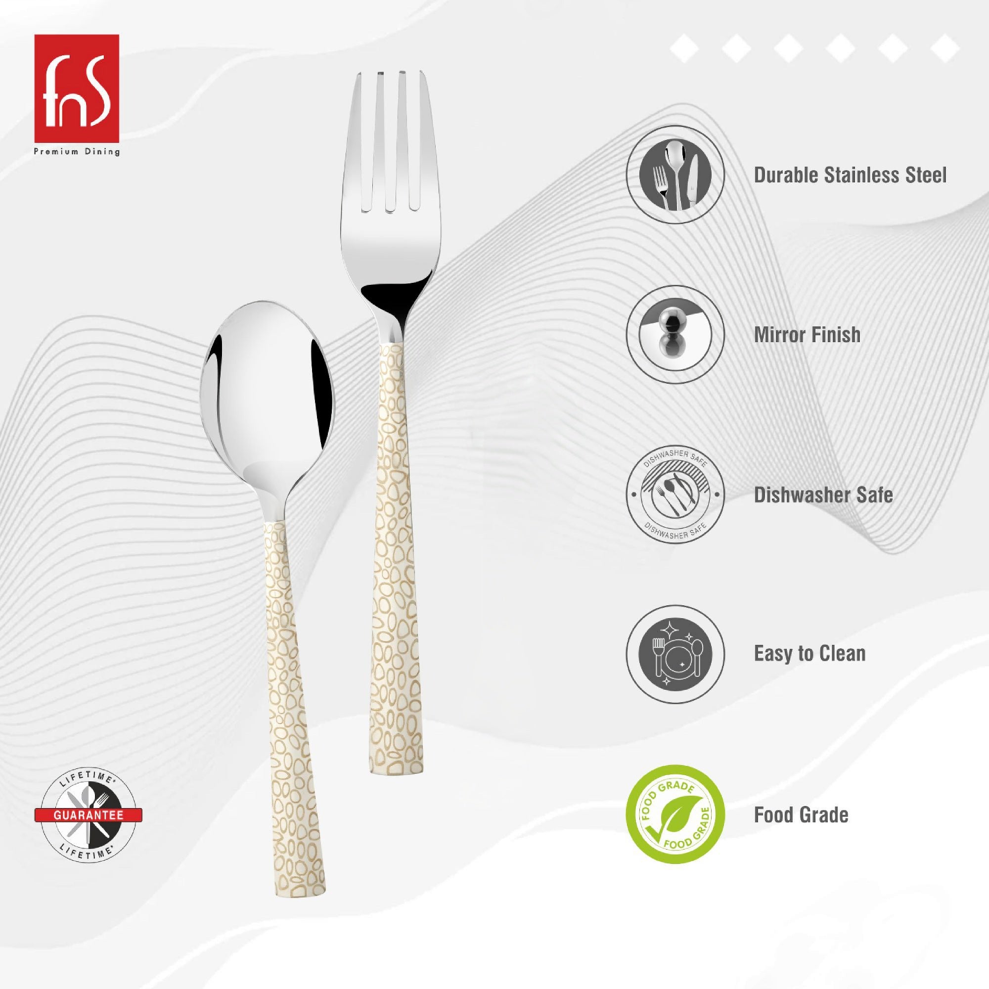 Spoon and fork with patterned handles shown alongside icons highlighting durability, mirror finish, and food safety.