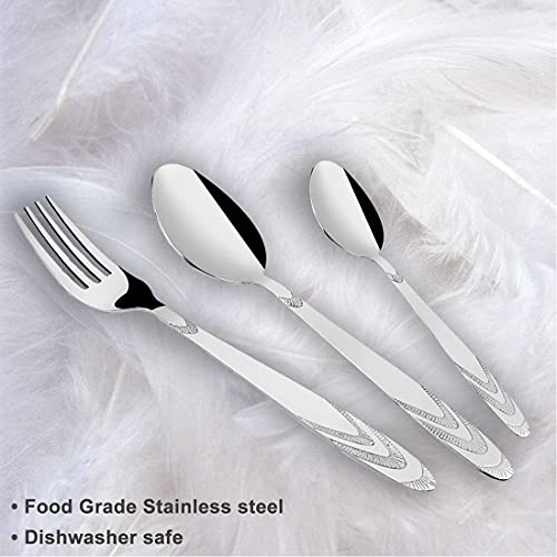 Engraved stainless steel fork and spoons resting on soft white feathers with text highlighting food-grade quality.