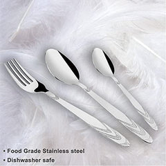 Engraved stainless steel fork and spoons resting on soft white feathers with text highlighting food-grade quality.