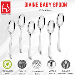 FNS Divine Baby Spoon 12-piece set infographic displaying food grade safe, easy to clean, dishwasher safe, mirror finish, and durable stainless steel features