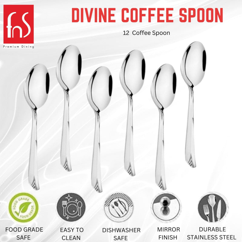 FNS Divine Coffee Spoon 12-piece set infographic showing food grade safe, easy to clean, dishwasher safe, mirror finish, and durable stainless steel features
