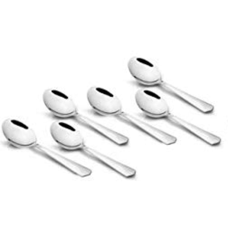 Six Divine stainless steel coffee spoons with elegant tapered handles arranged in diagonal pattern on white background