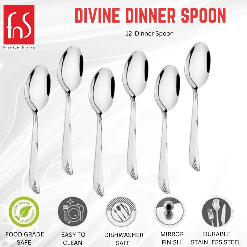 FNS Divine Dinner Spoon 12-piece set infographic showing food grade safe, easy to clean, dishwasher safe, mirror finish, and durable stainless steel features