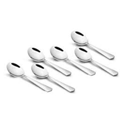 Divine soup spoon set of 6 pieces in stainless steel with rounded bowls and tapered handles on white background