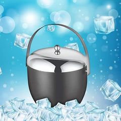Double-walled insulated ice bucket with floating ice cubes on bright blue bokeh background showing cooling functionality