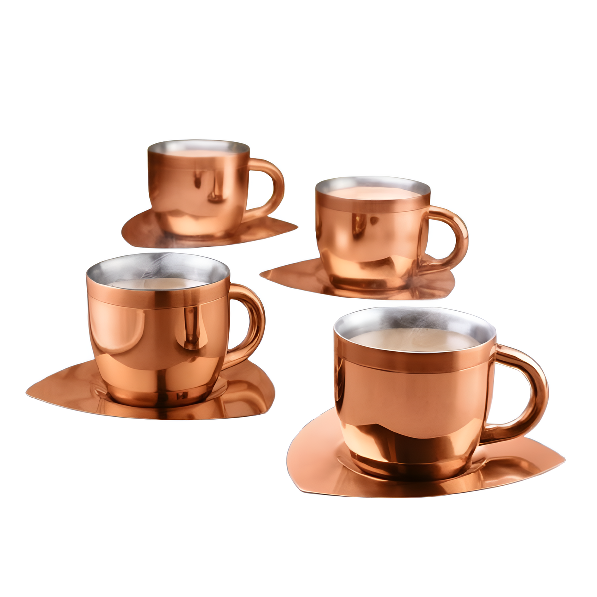 FnS Tea Cup and Saucer Set of 4 Stainless Steel for Gift and Home Decor Double Walled Cup | Unbreakable Cups for Tea and Coffee (Rose Gold, 4 Cups and 4 Saucer)