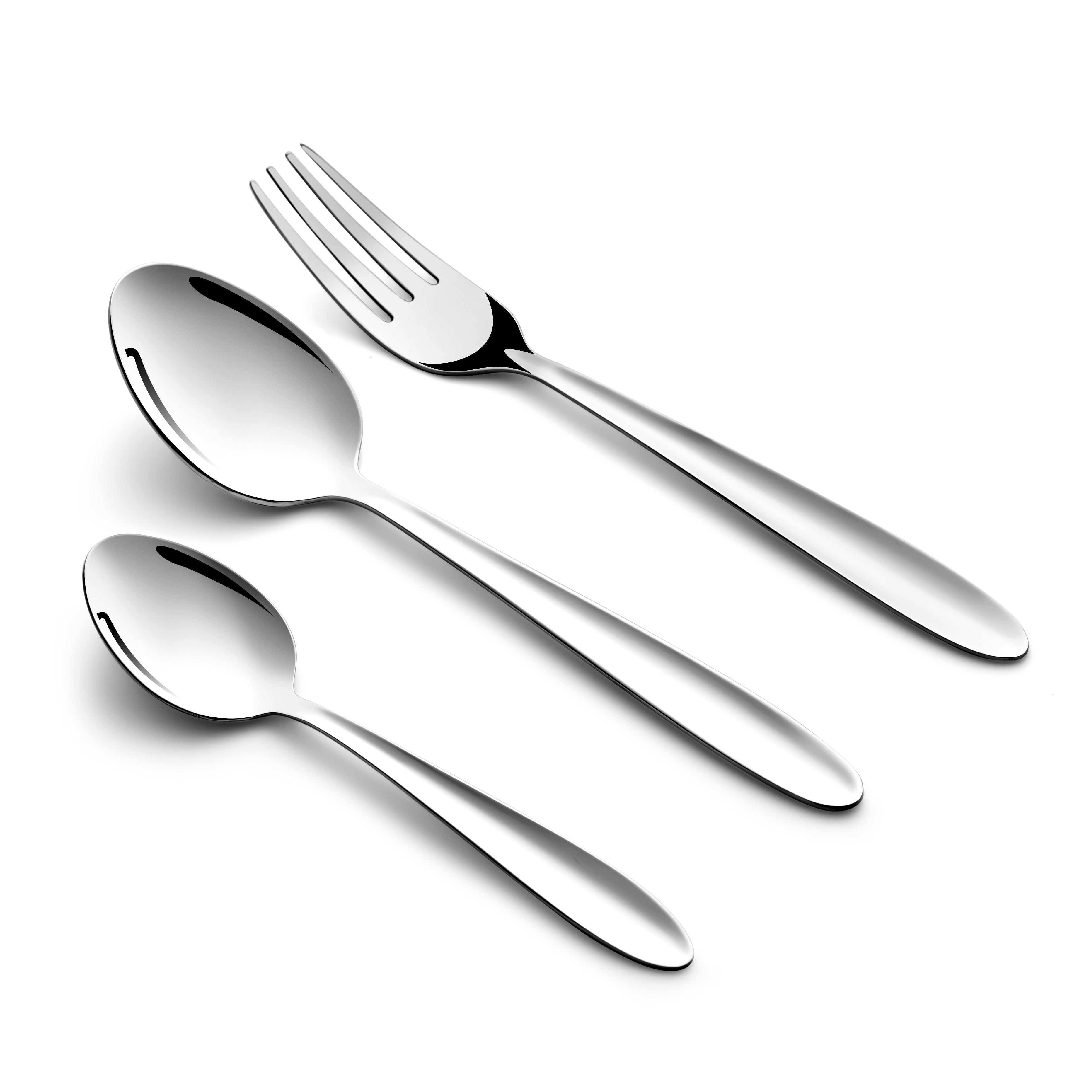 Glossy stainless steel cutlery set—spoon, fork, and teaspoon—displayed cleanly on bright white background.